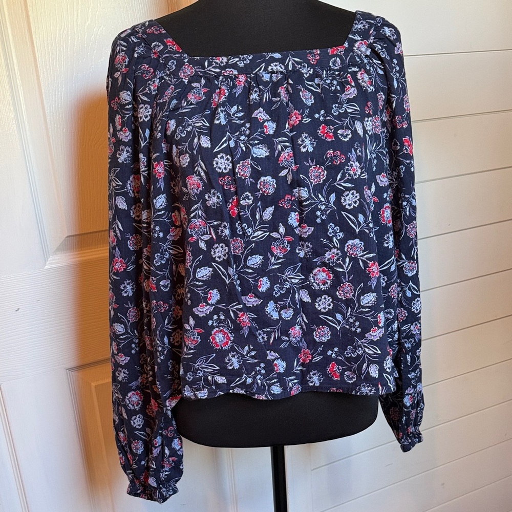 GAP Floral Long-Sleeve Peasant Top - Navy with red Accents